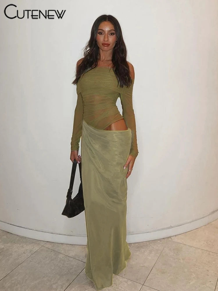 Mesh Ruched Maxi Dress - Sexy Sheath Off Shoulder Ankle Length Party Dress