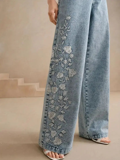 Y2k Pants New 2025 Trend Jeans for Woman Plus Size Comfort Stretch Washed Denim Embroidery Design Fashion Straight Leg