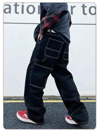 Liys Retro Black Fashion Work Jeans Men Casual Straight-Leg Classic Work Denim Trousers Korean Brand Pant Men's Summer Pants