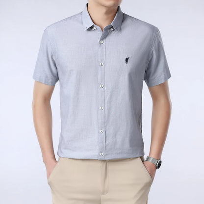 Solid Color Cotton Embroidered Small Horse Logo Shirt, Men's Short Sleeved Casual Versatile High-end Spring and Autumn Shirt