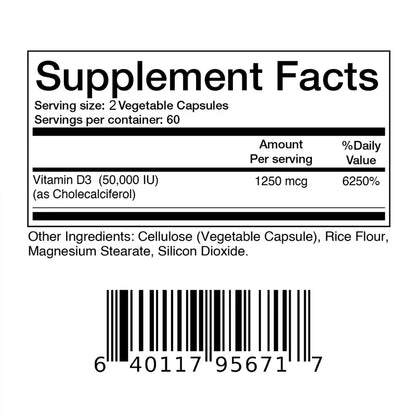 Vitamin D3 50000IU - Muscle Health, Strong Bones and Nervous System Health, Support Immune