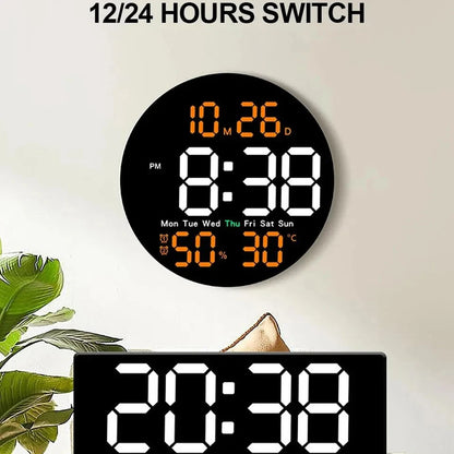 LED Wall Clock with Remote Control - Dual Alarms Calendar  Temperature Display Adjustable Brightness for Home Decor