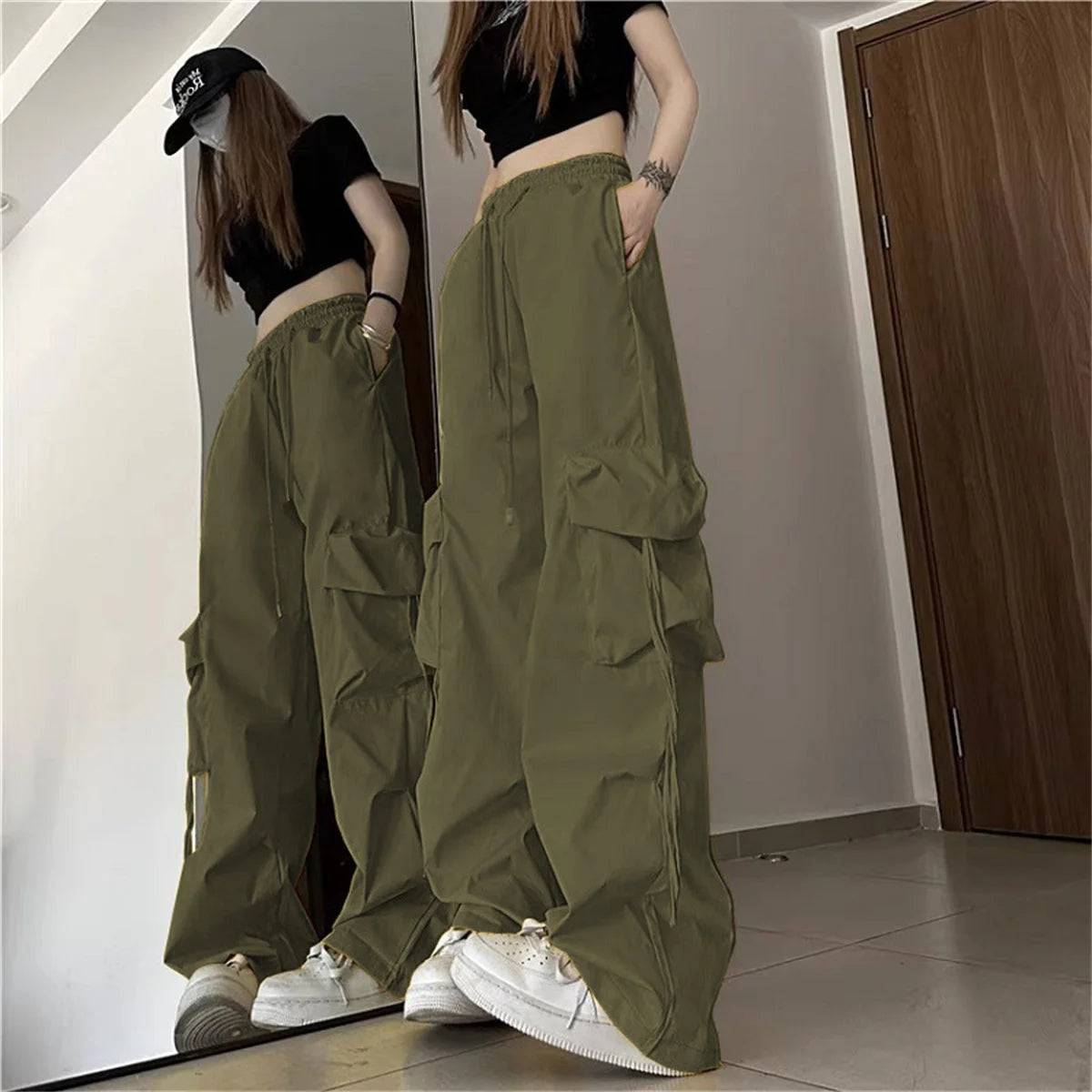 Plus Size Women Cargo Pants High Waist Solid Fashion Street Pant Vintage Drawstring Pocket Trousers Loose Casual Joggers Clothes