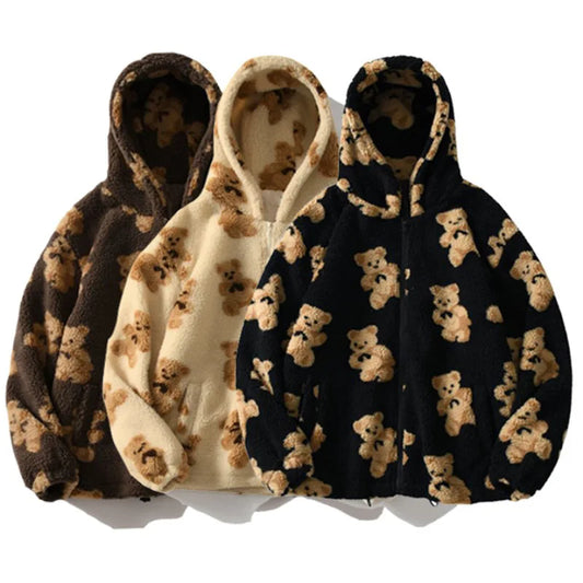 Autumn Winter Women Hooded Thickened Casual Sweatshirt Cartoon Bear Print Zipper Pocket Plush Unisex Fleece Jacket
