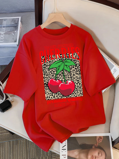 Hand Picked Cherries Always Fresh Printing T-Shirt Women Cotton Crewneck T Shirts Summer Loose Clothes Multicolor Short Sleeve