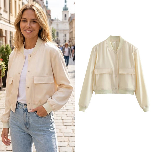 Women Bomber Jacket - Solid V Neck Single Breasted Polyester Coat With Pockets