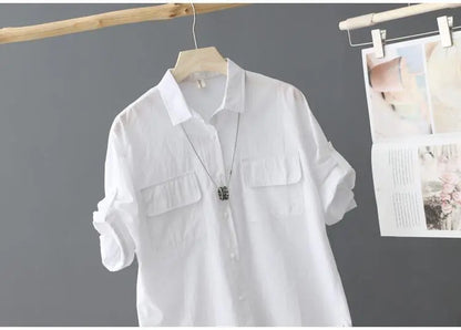 Turn-down Neck Pink Solid Short Sleeved Loose Shirt And Blouse Clothes Top Casual Single Breasted Spring Simple OL Outerwear New