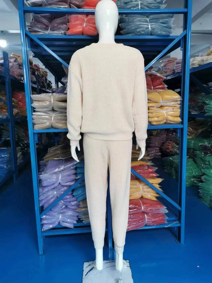 Knitted Sweater Two Piece Set For Women Autumn Winter Long Sleeve O Neck Sweater + Skinny Pants Sets Casual Knit Outfit Homewear
