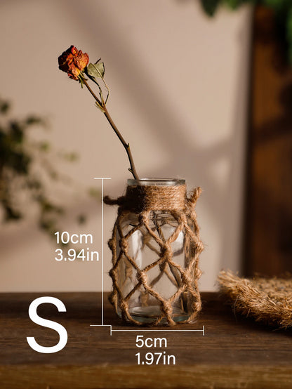 Hand Woven Hemp Rope Glass Vase - Boho Nordic Dry Flower Decor