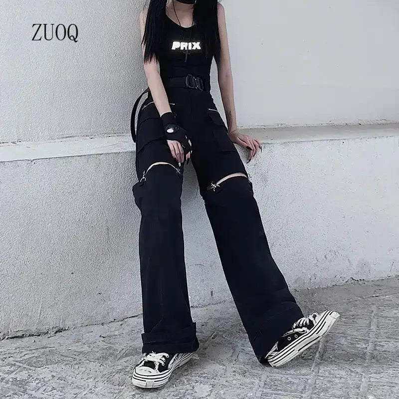 New 2025 Streetwear Black Pants for Women Fashion High Waist Detachable Streetweart Cargo Pants Woman