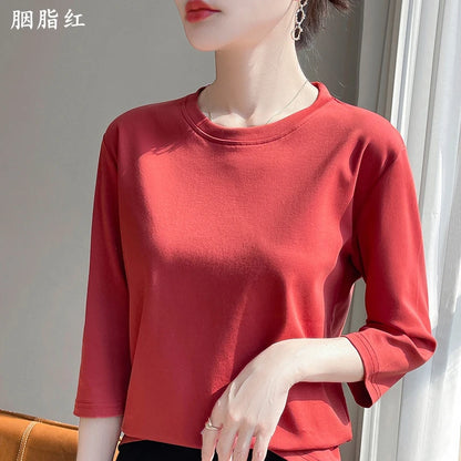 Summer Cotton Short-Sleeved T-Shirt Women's Round Neck Seven-Point Sleeves Loose Mercerized Cotton Half-Sleeve Shirt New T-shirt