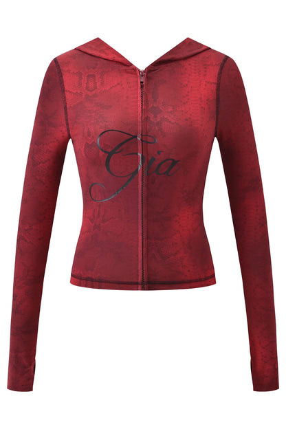 Gia neon pink regular shoulder slim-fit letter print topstitching design slim-fit hooded zip-up short jacket and pants set