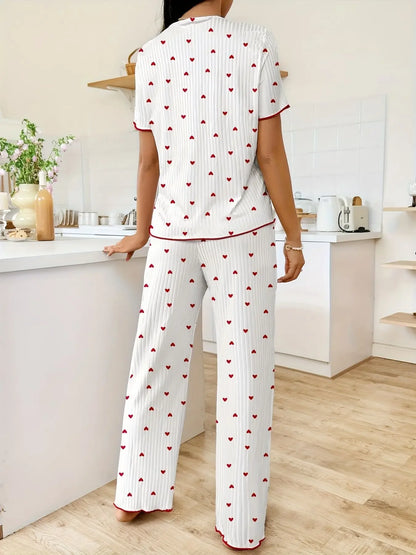 Autumn Winter Warm Pajamas Set for Women Sleepwear Sexy Heart Print Tops and Trouses Sets Comfortable Pyjama Loungewear