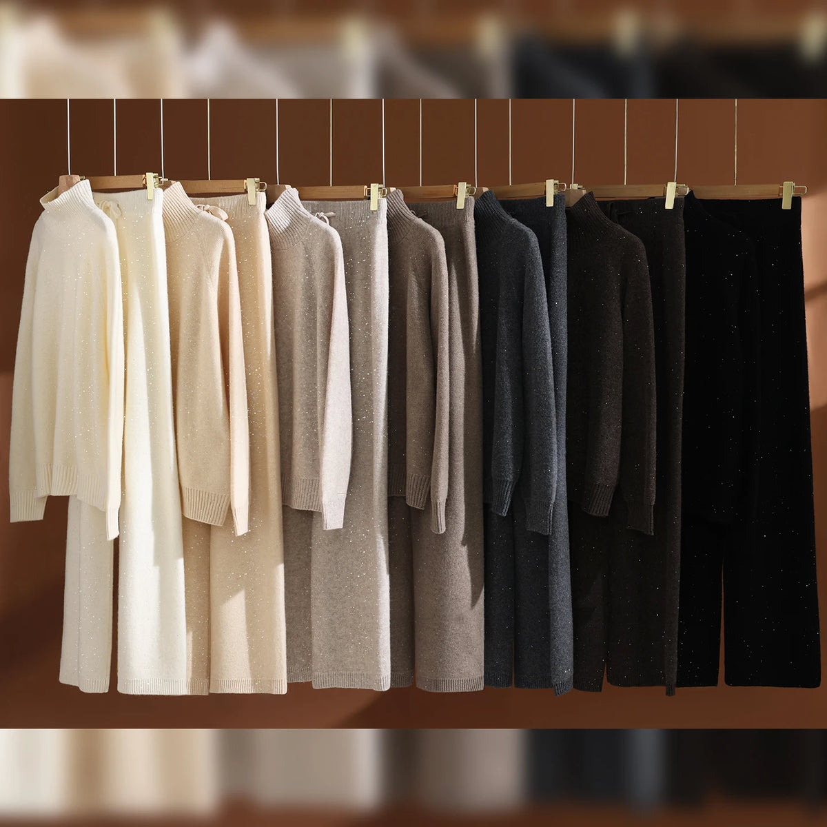 Autumn Winter Women's Sequins 100% Wool Knitted Turtleneck Pullover Sweater Wide Leg Pants Set Thick Casual Cashmere Knit Set