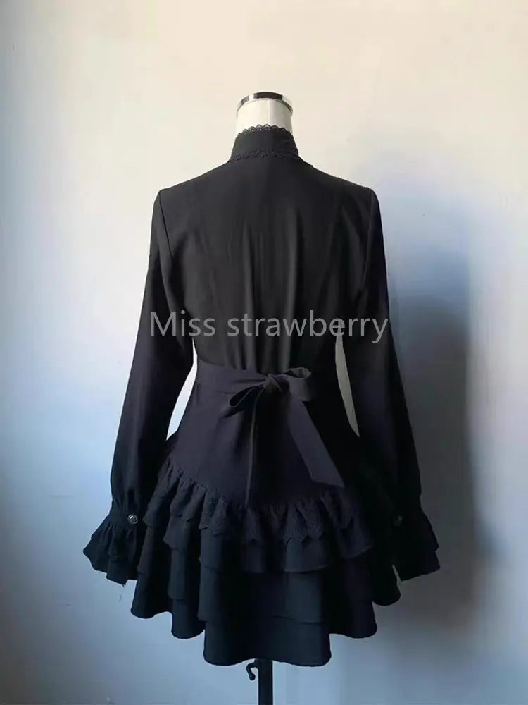 Spring Vintage Gothic Style Lace Up Dress Women Design High Street Black Lolita Slim Dresses 2025 Y2k Lace Long Sleeve Clothing