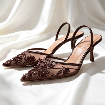 Sexy Pointed Toe Mesh Embroider High Heels for ladies Elegant String Bead pumps Summer Luxury Designer Shoe Brown Heeled Sandals
