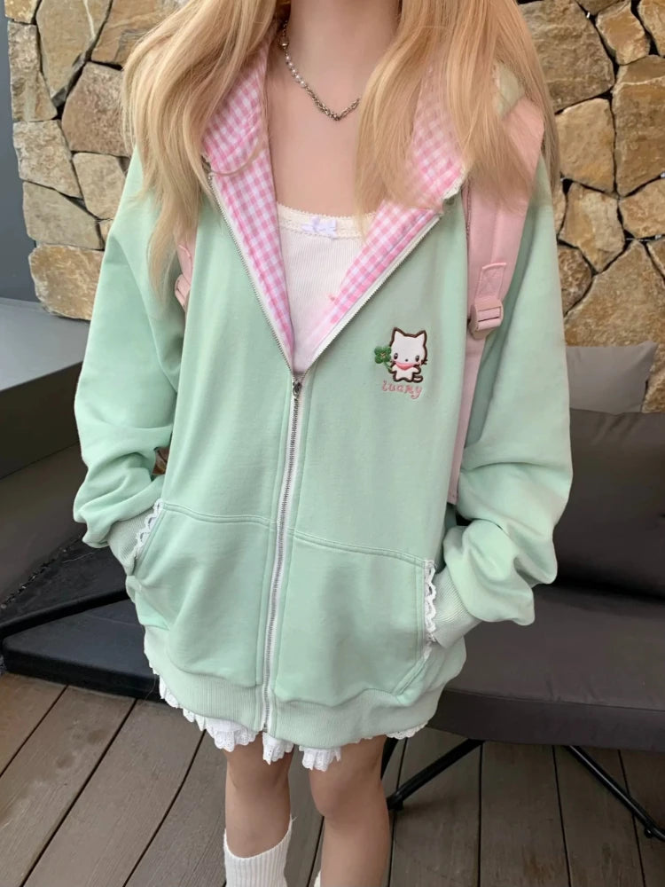 Japanese Sweet Coats Y2K Clothing Hoodie Women Tops Autumn and Winter Color Match Splicing with Thick Velvet Cardigan Jackets