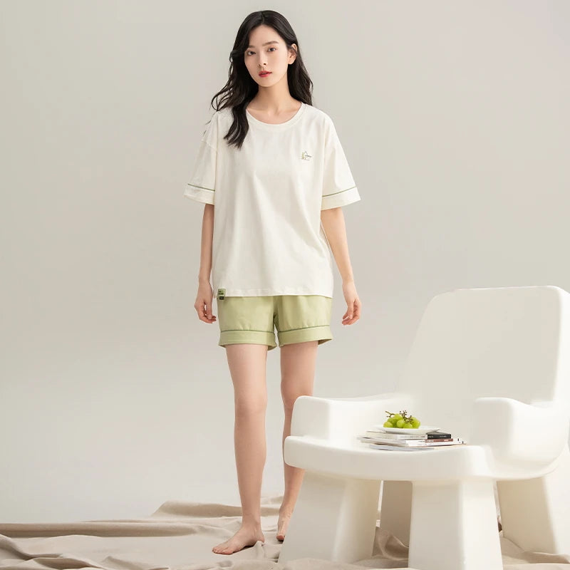 Couple Pajamas Set Summer Short-Sleeved Sleepwear 100% Cotton Men and Women Pyjamas
