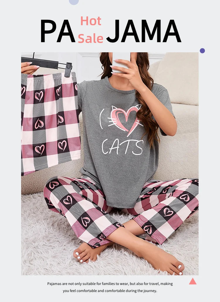 Women's Pajamas Home Suit Soft Comfort Nightwear Loungewear Autumer Crew Neck Tops and Shorts Pajama Pants 3 Piece Pyjama Femme