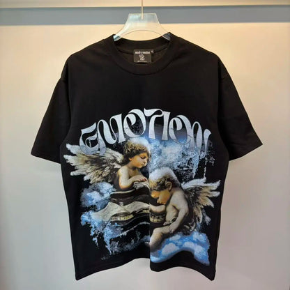 141# New fashion trend brand MIXEDEMOTION printing Shirt Streetwear Cotton Loose Round Neck Oversized Tee Top men t-shirt