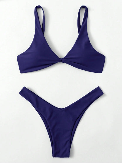 Solid Tie Bikini Set - Padded Push-Up High Leg Brazilian Swimsuit for Women - ZOOMNSTORE