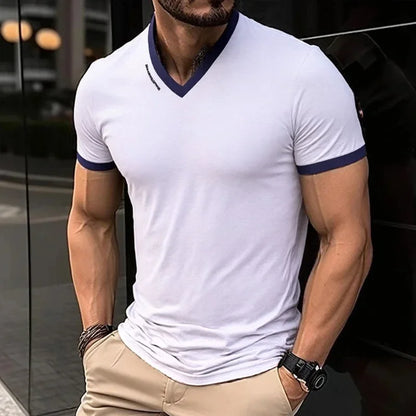 Men's V-Neck T-Shirt - Breathable Polyester Casual Tee, Solid Color Summer Top