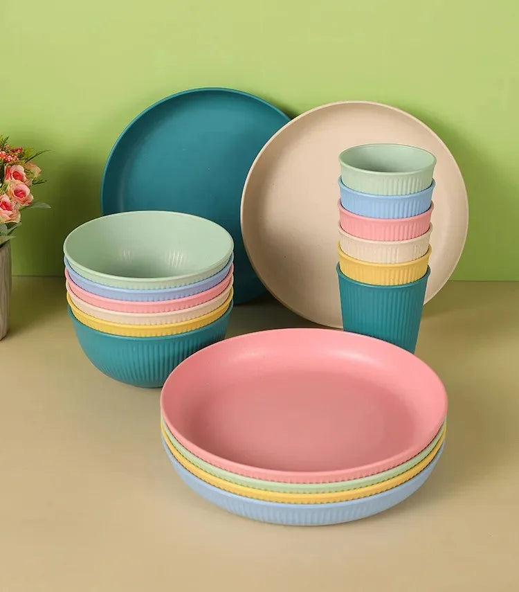 Eco-Friendly Wheat Straw Dinnerware Set - 4pcs Plates Cups Bowls for Home  Outdoor Use