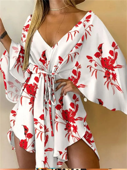 Women Print Dress - V-Neck Mini Sundress With Batwing Sleeve & Ruffle Detail