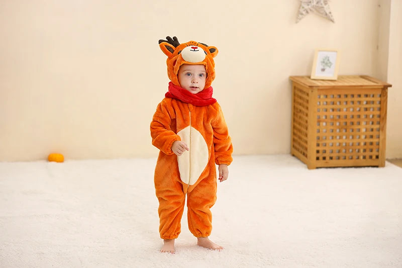 Baby Winter Rompers - Soft Polyester Hooded Jumpsuit With Animal Pattern, Machine Washable