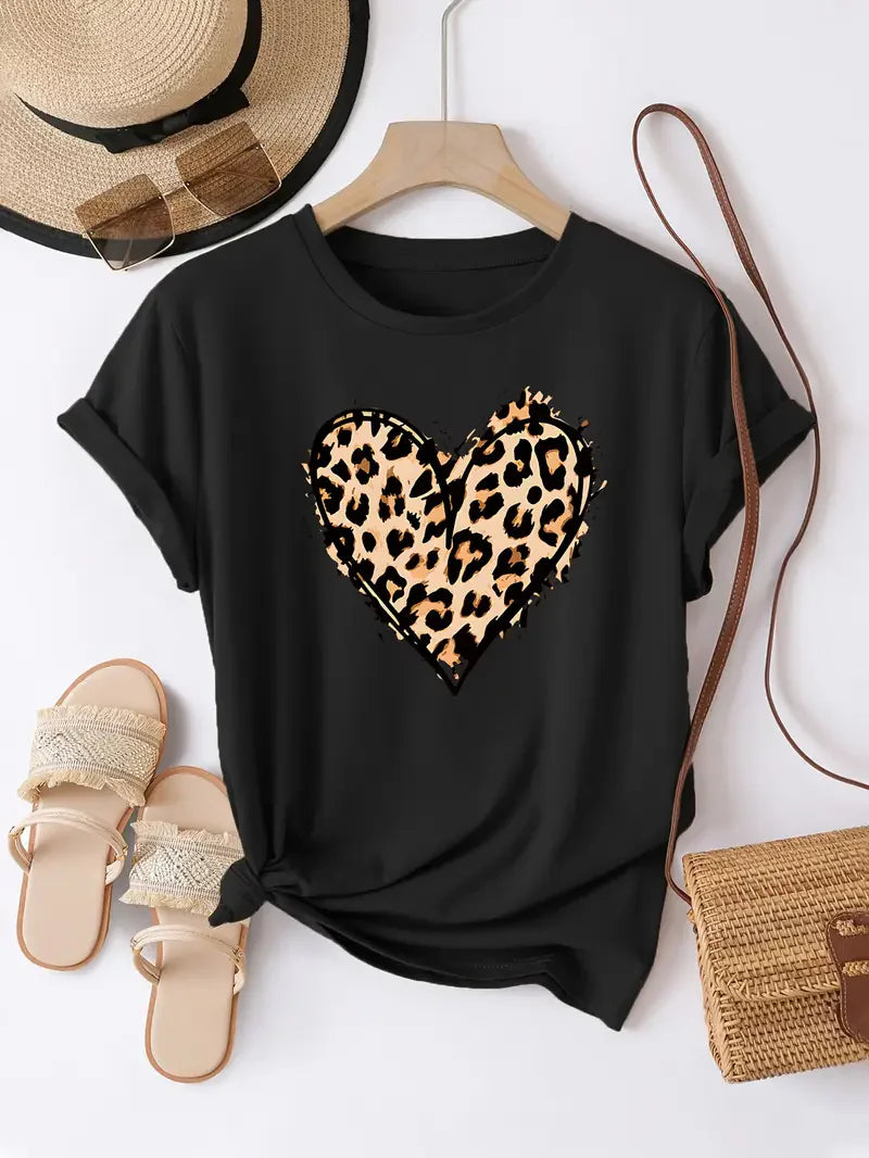 Summer Top Tee Leopard Print Heart Graphic  Lover T-Shirt Graphic T Shirts Women's Clothing Fashion Tshirt