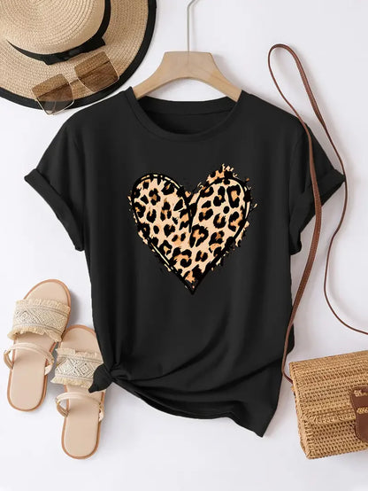 Summer Top Tee Leopard Print Heart Graphic  Lover T-Shirt Graphic T Shirts Women's Clothing Fashion Tshirt
