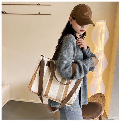 Striped Canvas Tote - Women's Crossbody Shoulder Bag With Zipper Closure, Versatile Daily Use