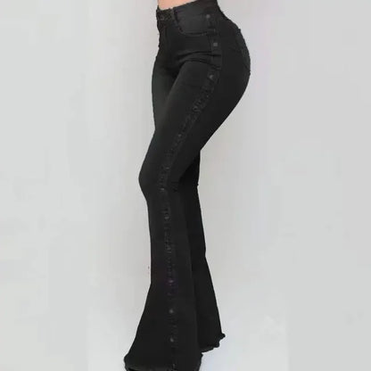 Women Jeans High Waist Strecth Denim Flare Pants Vintage Trousers Buttons Denims Streetwear Spring Autumn Female Floor Length