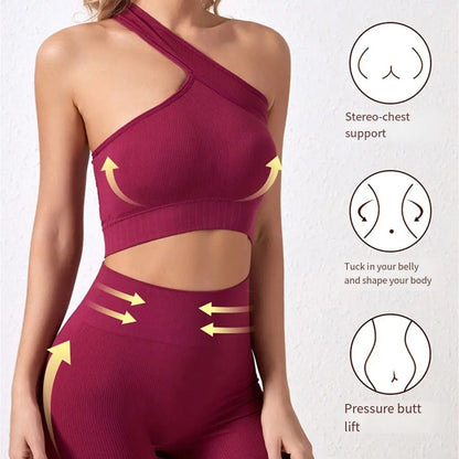2Pcs Reusable Seamless Women Workout Sets High Waist One Shoulder Active Wear Ribbed Tank Tops Yoga Outfits Fitness