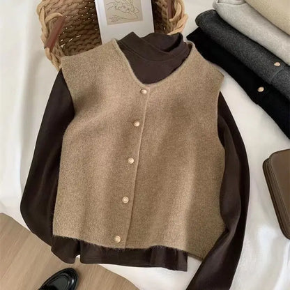 Crew Neck Women's Korean Solid Button Short Sleeve Cardigan Coats Sweater Knitted Sleeveless Ladies Elegant Tanks Bottoming