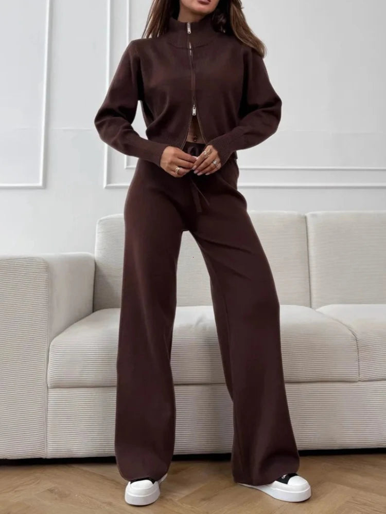 2025 New Trendy Autumn Winter Zip Up Knit Pants Set Women's Trendy Slim Fit Cardigan Pants Chic Commuting Sweater Outfit