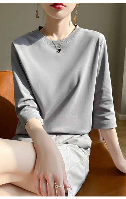 Summer Cotton Short-Sleeved T-Shirt Women's Round Neck Seven-Point Sleeves Loose Mercerized Cotton Half-Sleeve Shirt New T-shirt