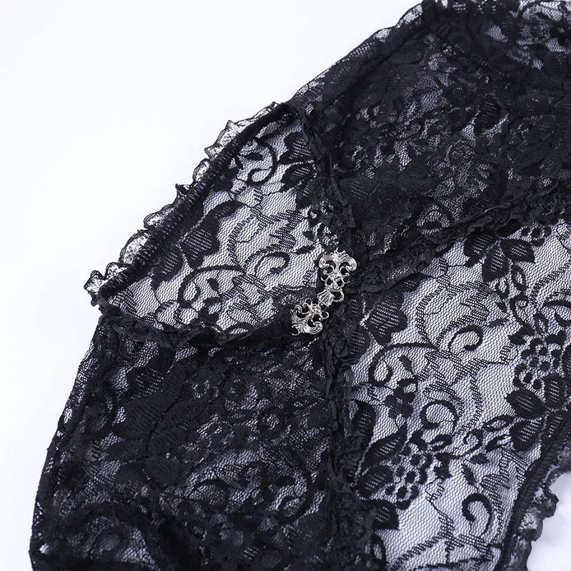 Lace Mall Gothic See Through Shrug Tops Grunge Aesthetic Black Flare Sleeve Crop Top Women Vintage Punk Sexy Clothing