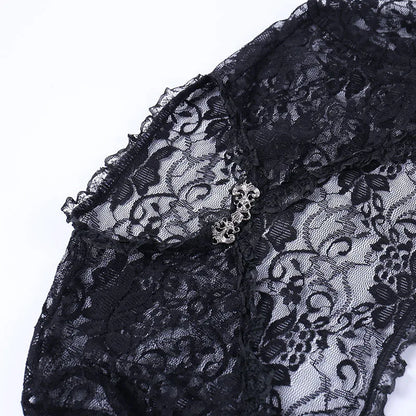 Lace Mall Gothic See Through Shrug Tops Grunge Aesthetic Black Flare Sleeve Crop Top Women Vintage Punk Sexy Clothing