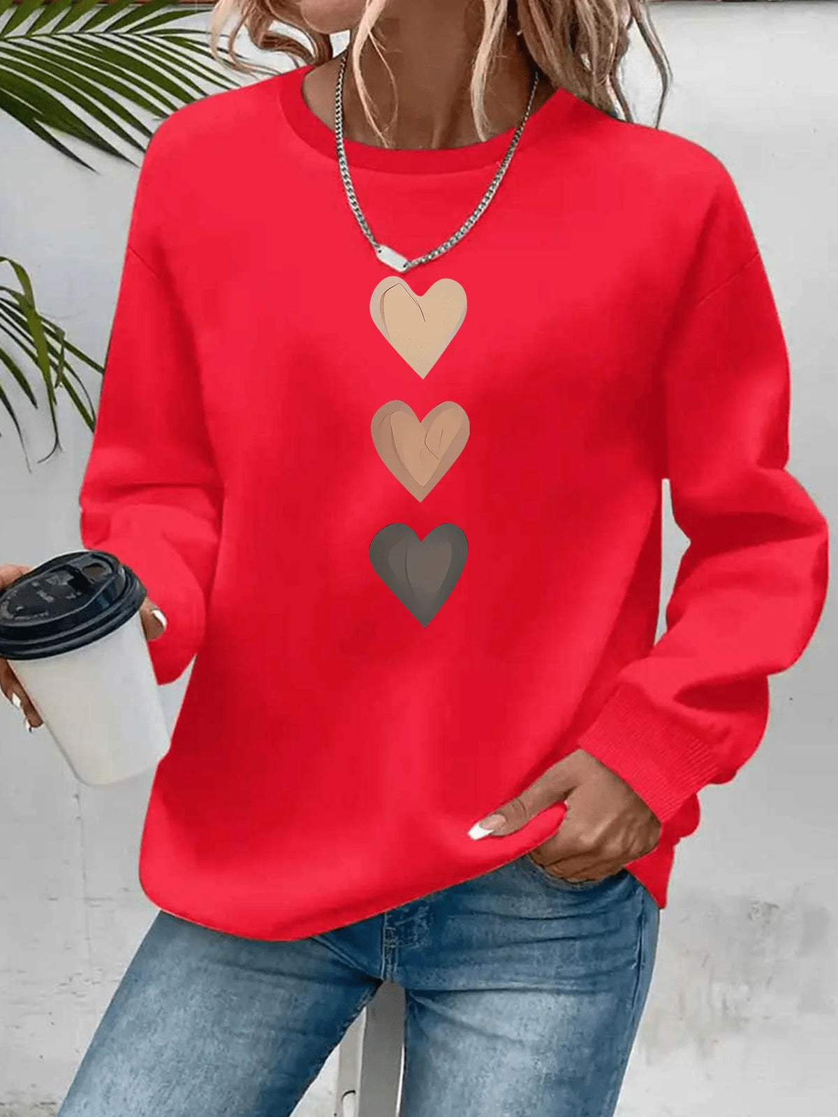 Women's Casual Heart Print Pullover Sweatshirt Geometric Design Long Sleeve Round Neck Machine Washable Regular Fit for Autum