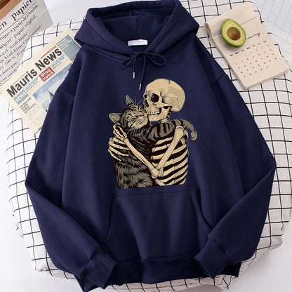 Halloween Skull and Cat Print Kangaroo Pocket Hoodies Fall Winter Long Sleeve Sweatshirt Unisex Funny Vintage Hooded 90s Clothes