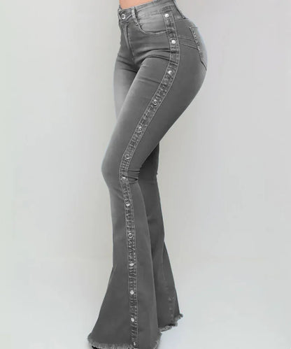 Women Jeans High Waist Strecth Denim Flare Pants Vintage Trousers Buttons Denims Streetwear Spring Autumn Female Floor Length