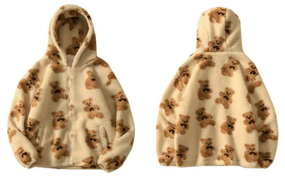 Autumn Winter Women Hooded Thickened Casual Sweatshirt Cartoon Bear Print Zipper Pocket Plush Unisex Fleece Jacket