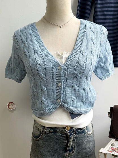 Solid Twist Flower Knitted Cropped Cardigan Woman V-neck Single Breasted Short Sleeve Crop Tops Autumn Sweet Cotton Knitwear New
