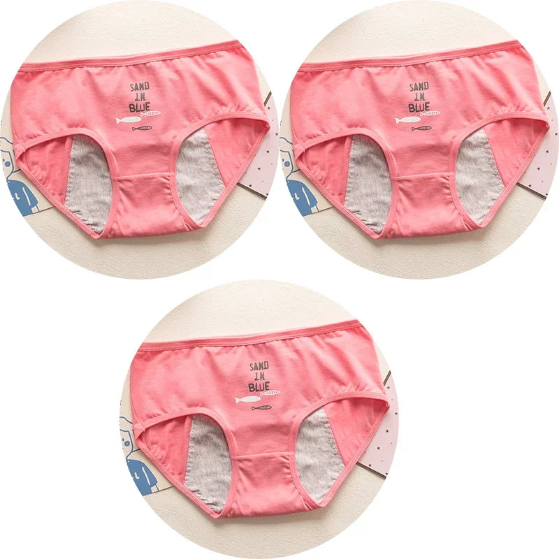 3PCS Cute Cartoon Period Underwear for Girls  Leakproof Teen Menstrual Panties 4-Layer Absorbent Reusable Washable Underwear