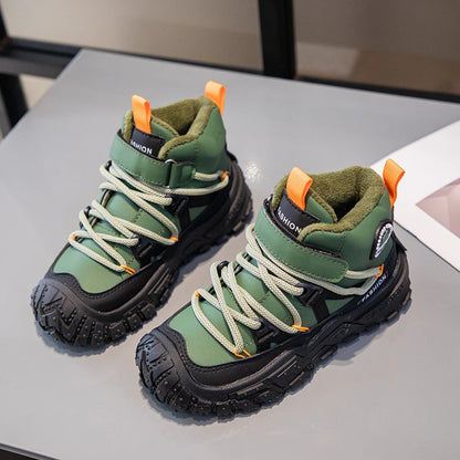 Kids Hiking Shoes Waterproof Leather Boots - Warm Cotton Rubber Sole Winter Footwear