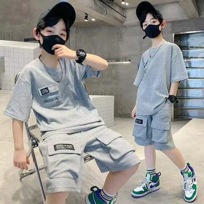 Summer Boys Sets Kids Sports Suit New Fashion Outfit Children's Short-Sleeved Top Shorts 2 Pieces 2025 Teenage Casual Clothes