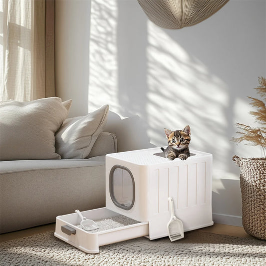 Extra Large Foldable Cat Litter Tray - Top Entry with Easy Clean Drawer and Lid - ZOOMNSTORE