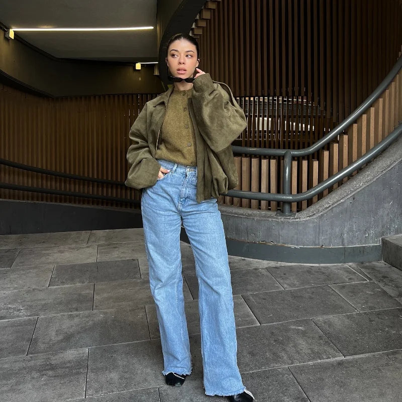 Vintage Suede Green Bomber Jacket Women Loose Lapel Full Sleeve Zipper Commute Coat 2025 Autumn Lady High Street All-match Coats