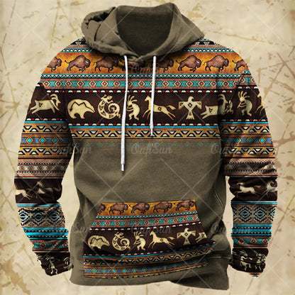 Men Hooded Vintage Print  Sweatshirt Ethnic Style Hoodie Autumn and Winter Oversized Casual Men's Clothing Daily Street Pullover